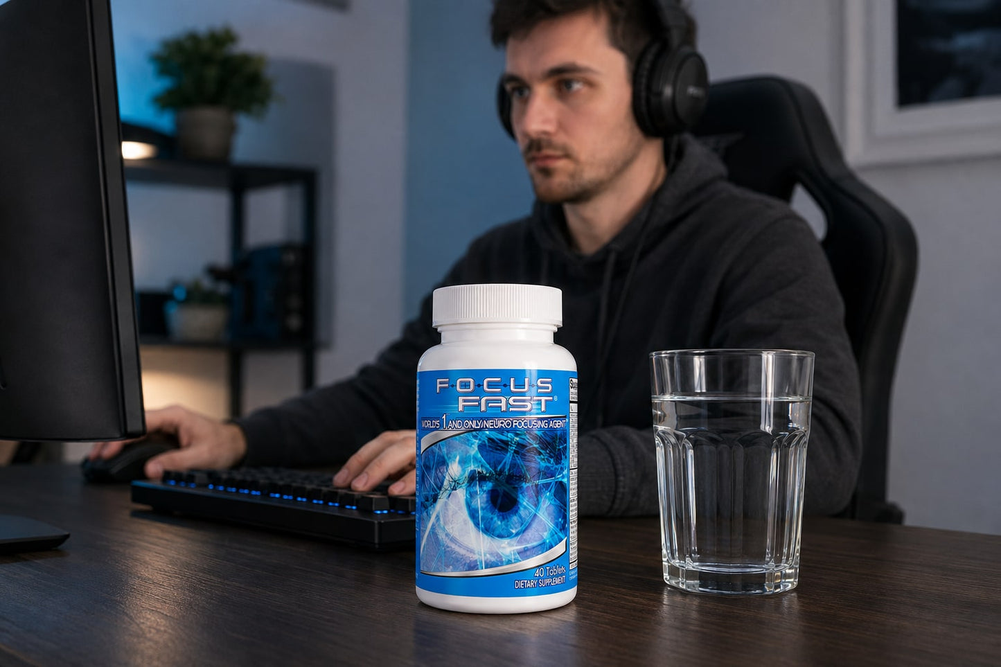 Illustrative Focus Fast lifestyle scene: adult gamer wearing a headset at a blue-lit desk with the bottle and water