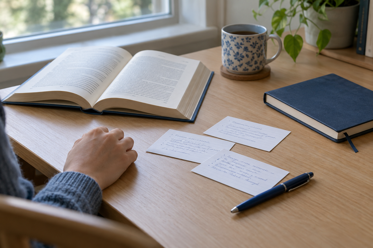 An open book, handwritten recall cards and a navy notebook on a daylight desk.