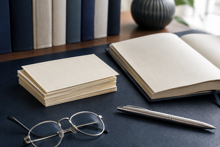 Index cards, reading glasses and an open notebook for reviewing evidence.
