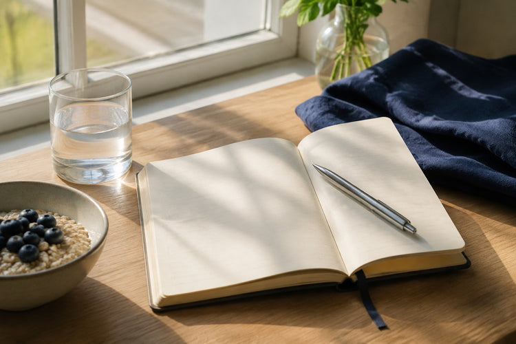 A notebook, water and breakfast in morning window light.