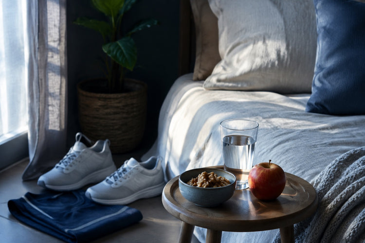 Walking shoes, water, fruit and nuts beside a bed in morning light.