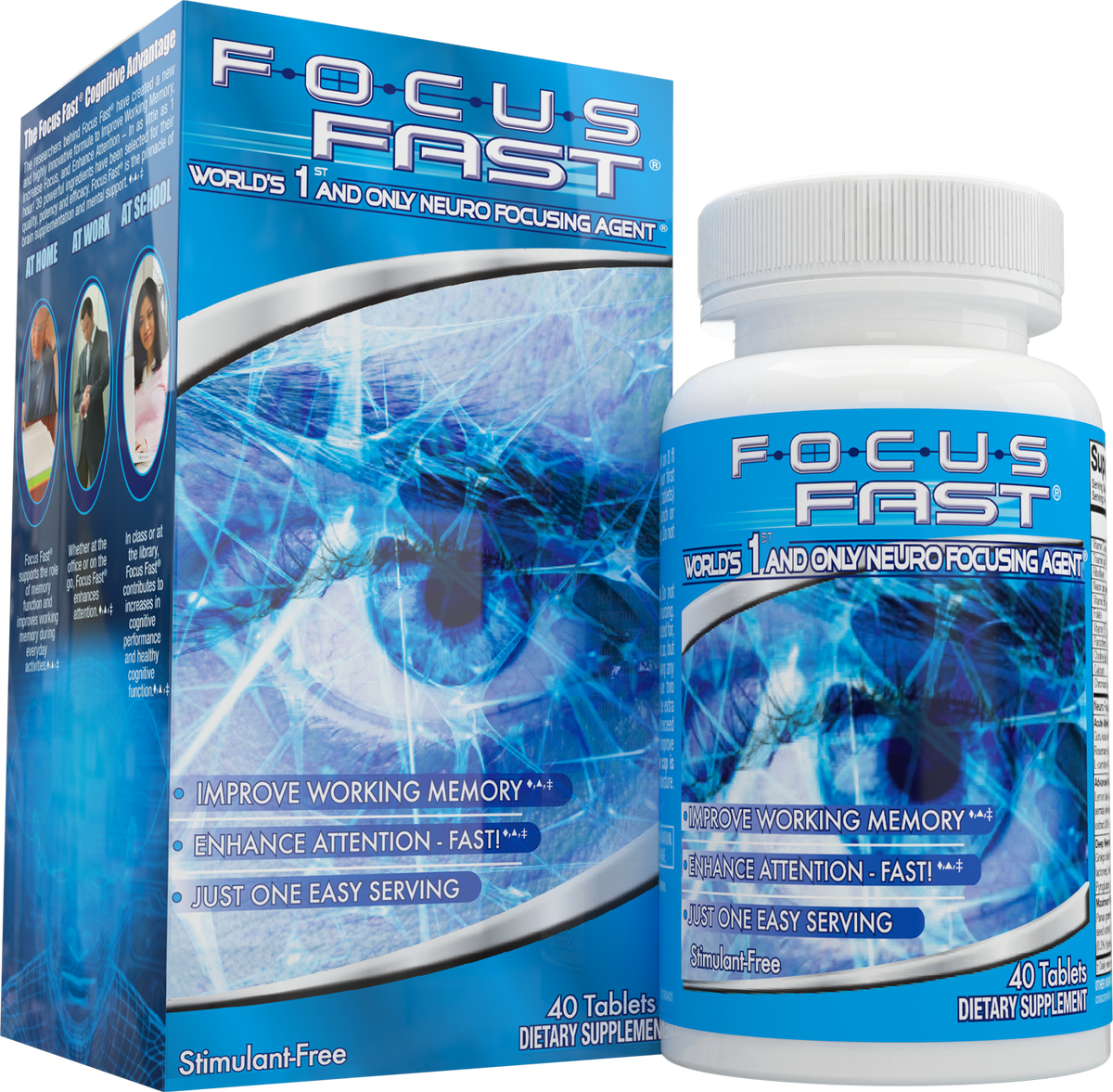 Focus Fast 40-tablet bottle beside its blue retail box