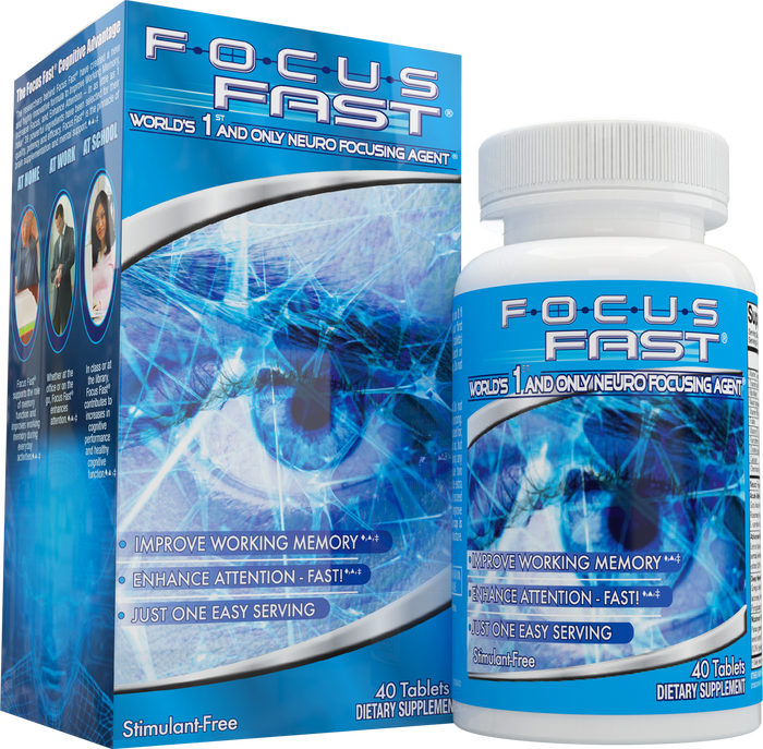 Focus Fast 40-tablet bottle beside its blue retail box