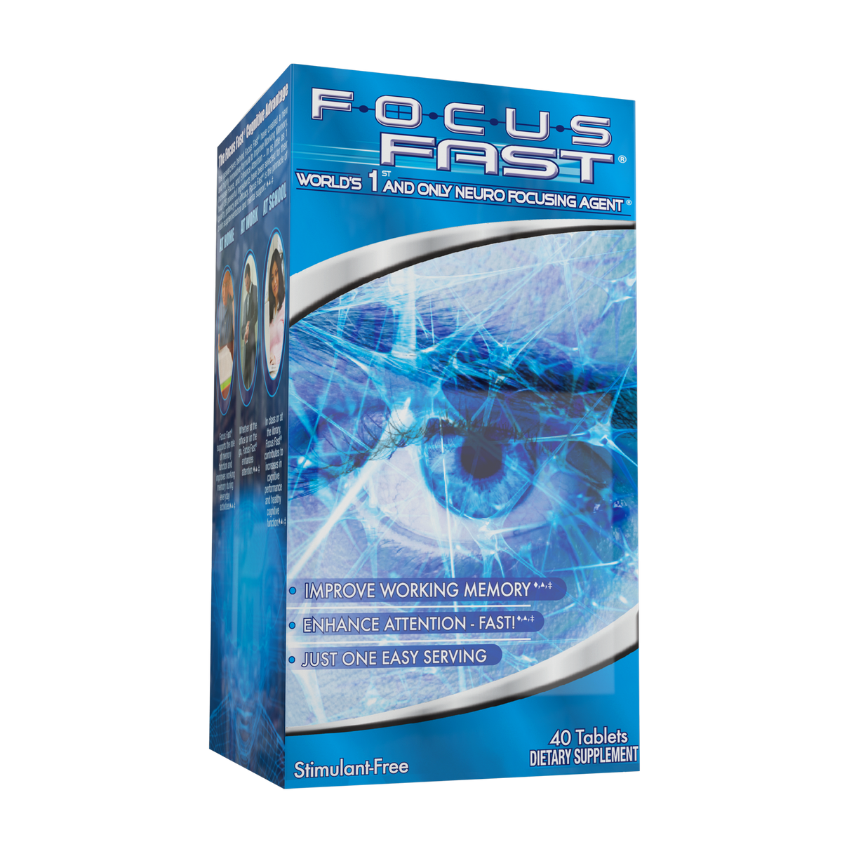 Focus Fast retail box showing the front and left side