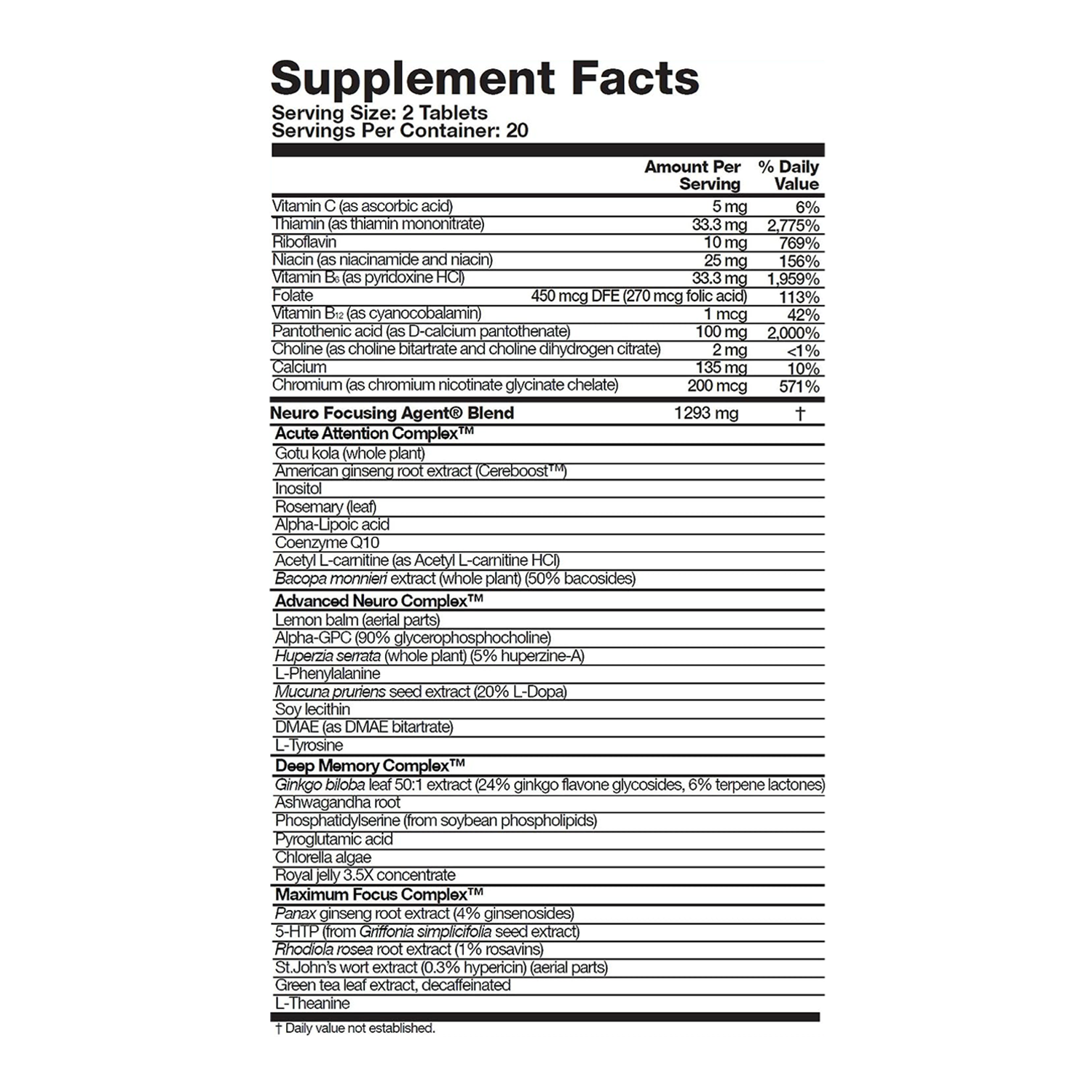 Focus Fast Supplement Facts showing vitamins, minerals and the complete proprietary blend