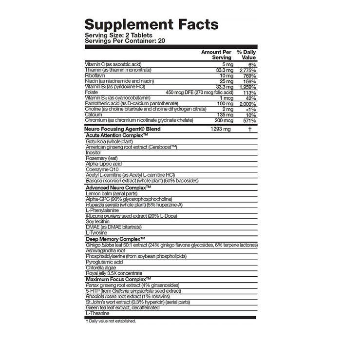 Focus Fast Supplement Facts panel listing serving size and formula ingredients