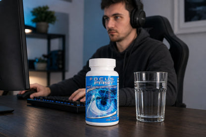 Illustrative Focus Fast lifestyle scene: adult gamer wearing a headset at a blue-lit desk with the bottle and water