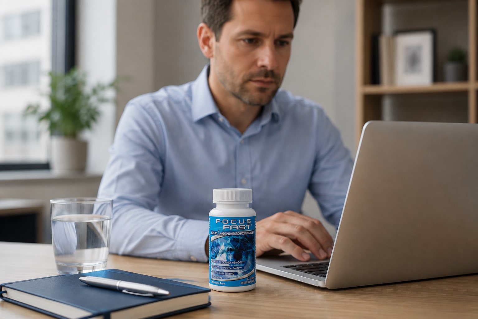 Illustrative Focus Fast lifestyle scene: adult professional working at a laptop with the bottle on his desk