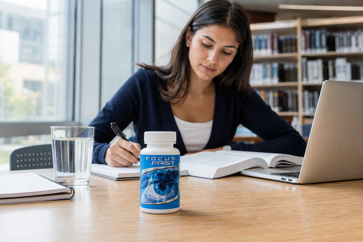 Illustrative Focus Fast lifestyle scene: adult university student studying with books and a laptop in a library
