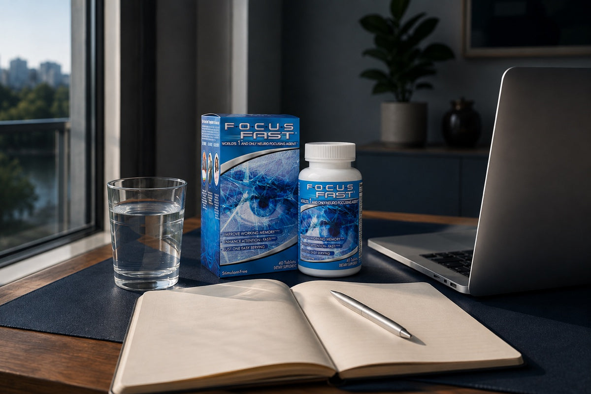 Illustrative Focus Fast workspace scene with its bottle and box beside a notebook, water and laptop
